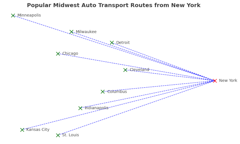 Map showing popular Midwest auto transport routes from New York to cities including Chicago, Columbus, Cleveland, Detroit, Indianapolis, Minneapolis–St. Paul, St. Louis, Kansas City, and Milwaukee.
